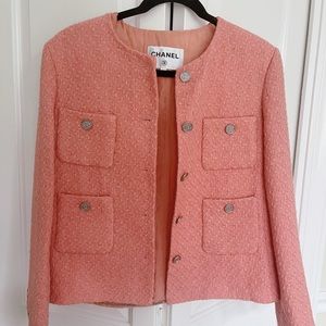 Coral pink tweed jacket with silver cc button
